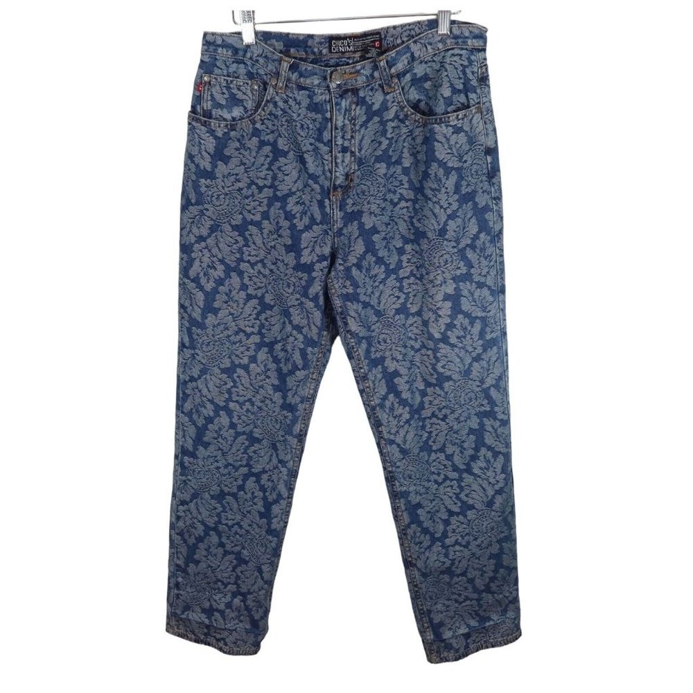 4/$25 CHICO'S Size 2 L Cotton High Rise Floral Print Jacquard Straight Leg Jeans